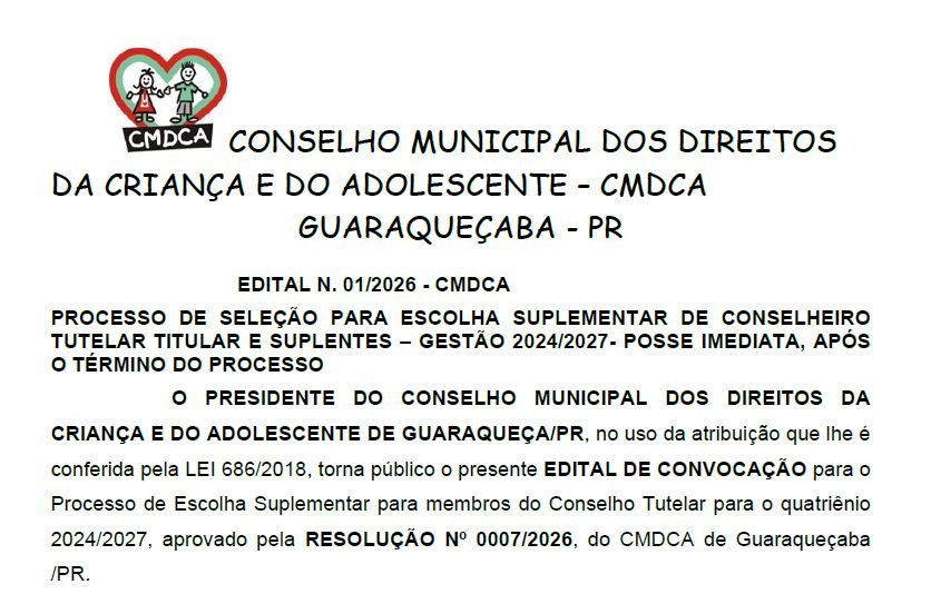 EDITAL N. 01/2026 - CMDCA  PROCESSO DE SELEÇÃO PARA ESCOLHA SUPLEMENTAR DE CONSELHEIRO TUTELAR TITULAR E SUPLENTES – GESTÃO 2024/2027