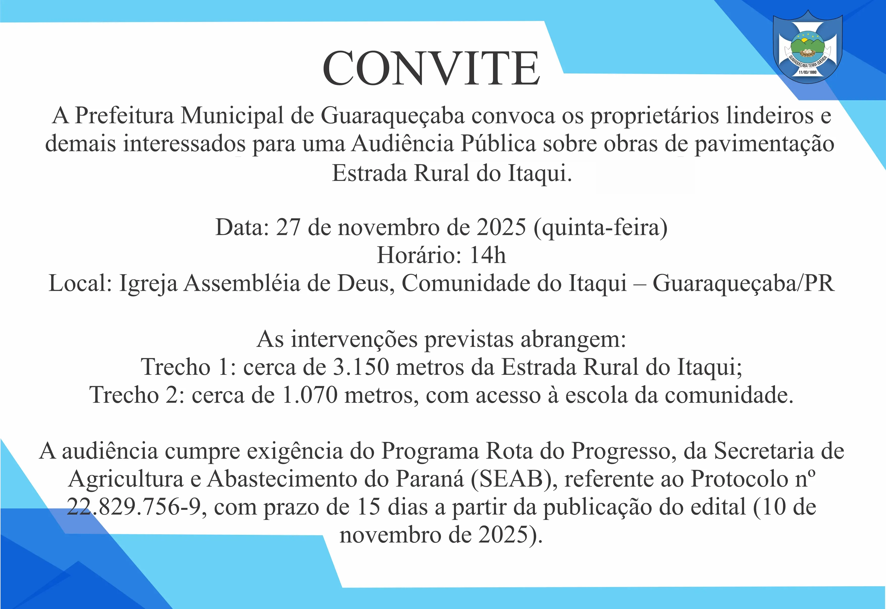 Audiência Pública sobre obras de pavimentação na Estrada Rural do Itaqui